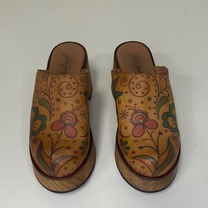 Free People Hand-Painted Floral Leather Clogs in Tan